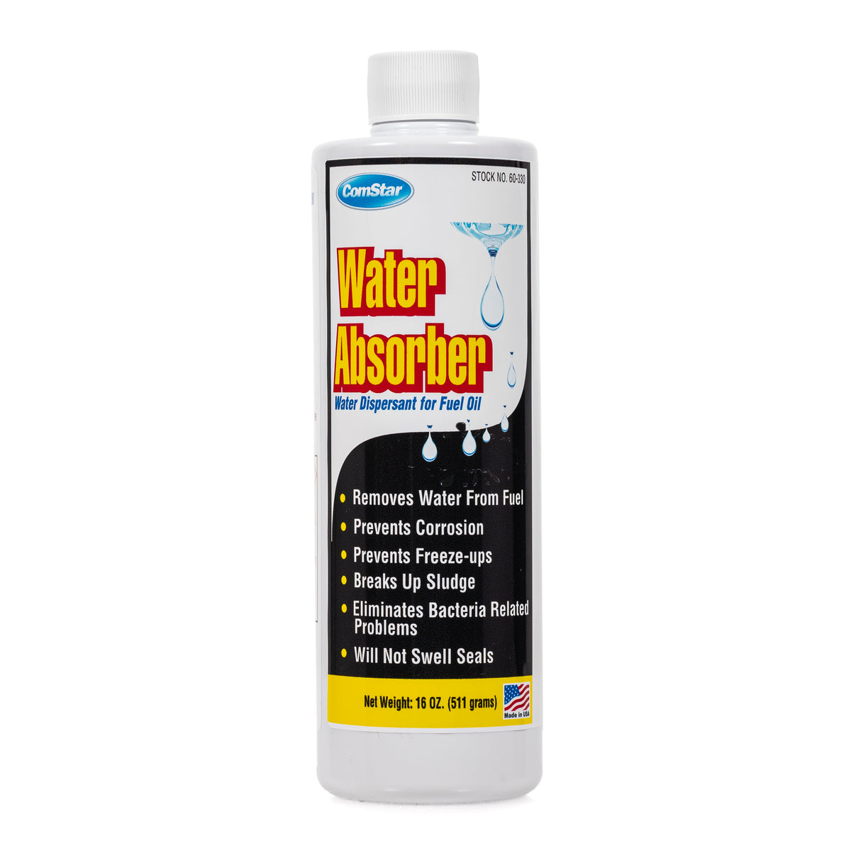 A 16 oz white plastic bottle of ComStar Water Absorber fuel oil water dispersant, featuring a white, black, and red label with yellow text.
